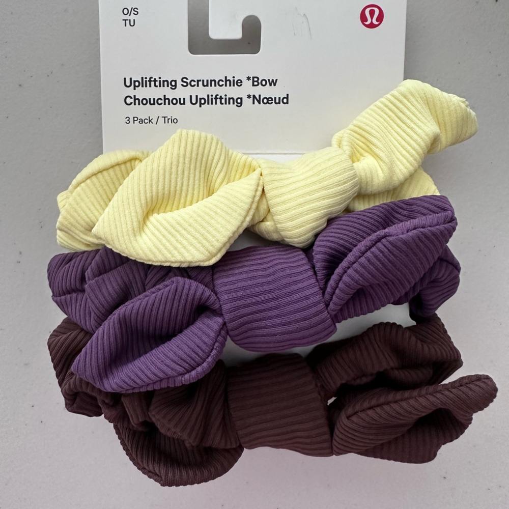 lululemon athletica Ribbed Bow Scrunchie 3-Pack in Yellow, Purple, and Brown